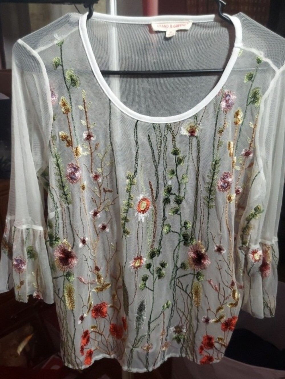 Grand And Green Botanical Spring Wildflower Embroidered Mesh Sheer Blouse M - Picture 2 of 8